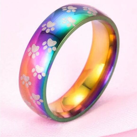 Multicolored Animal Paw print Retro Stainless Steel Metallic Ring Size US 7 NEW - Picture 3 of 6